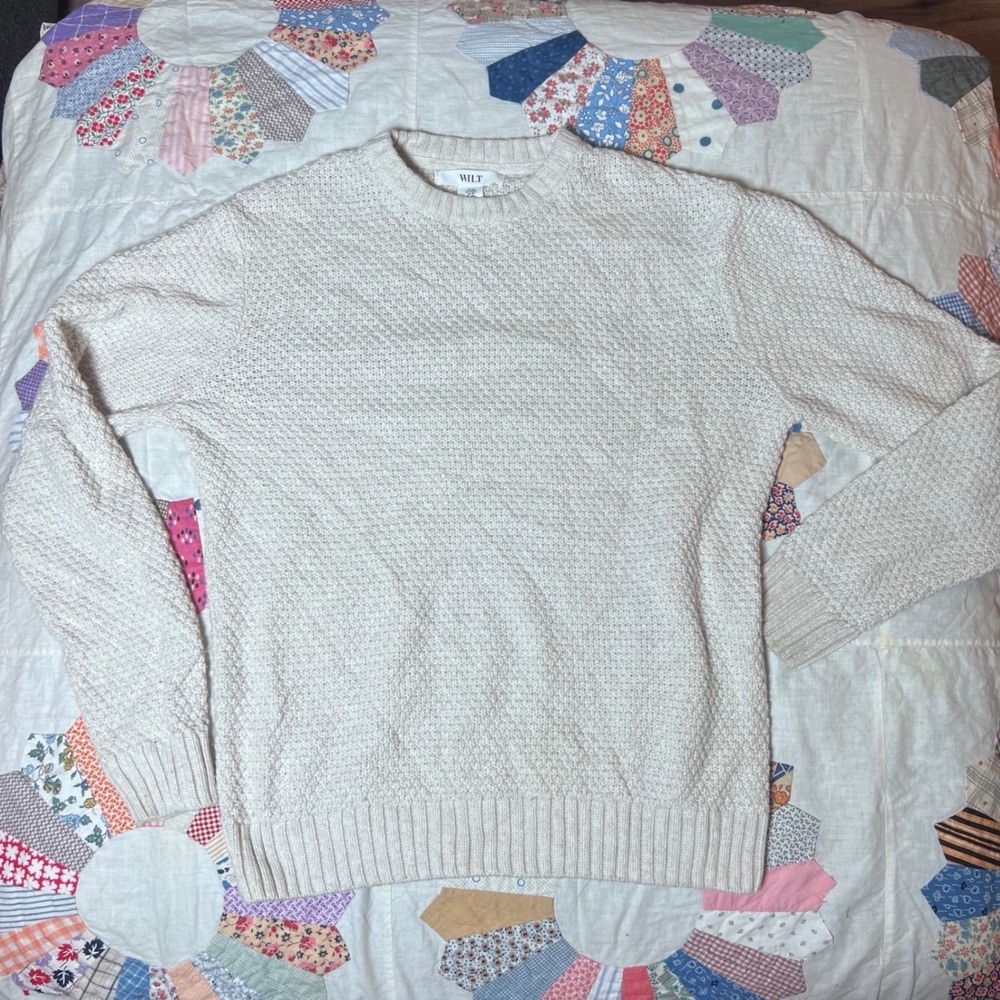 Wilt Mens Oatmeal Cream Textured Waffle Knit Cotton Wool Crewneck Sweater Size M